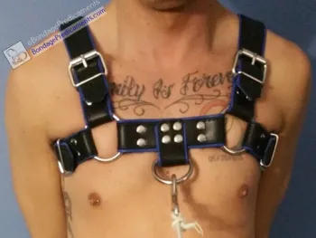 Gay Bondage Leashed Sub in Leather Chest Harness