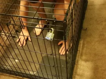 Gay Sub Locked in Cage Spiked Mat