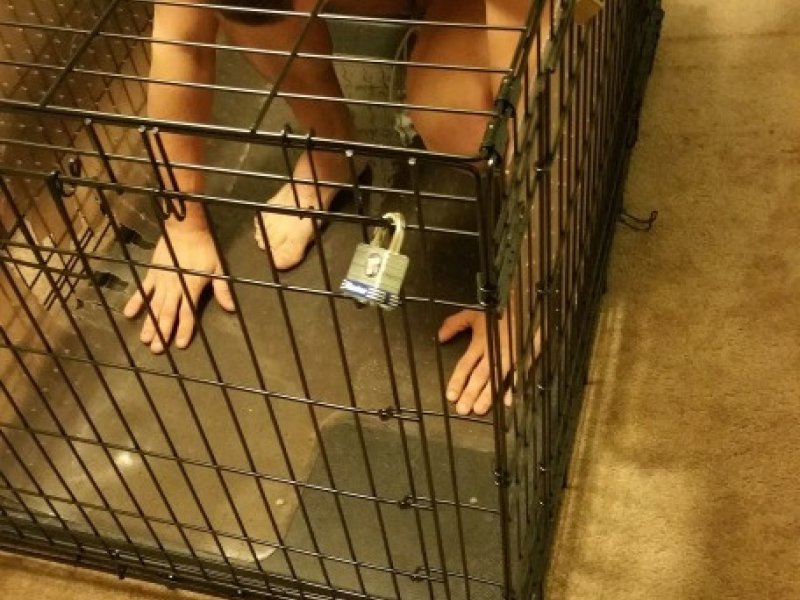 Gay Sub Locked in Cage Spiked Mat