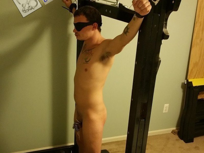 Gay Sub Stretched on Rack Chastity